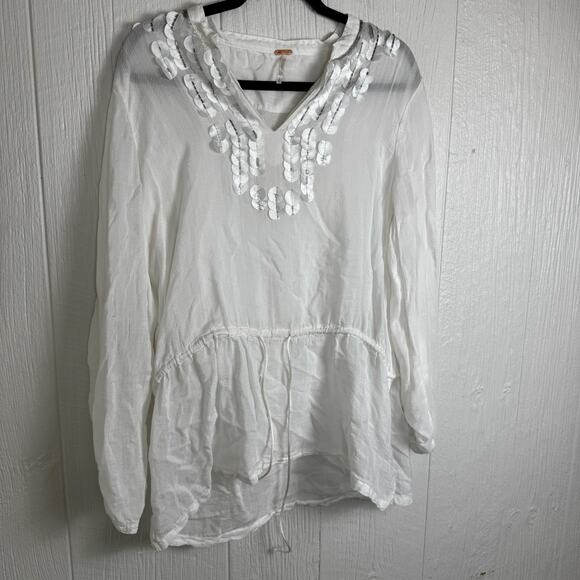 Free People Drop Waist Tie Semi Sheer White Blouse Top Size Medium Embellished - Picture 3 of 8